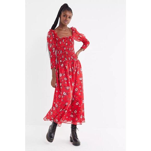 Urban Outfitters Dress Womens Small Red Floral Smocked Maxi Cottagecore Peasant - Picture 1 of 14